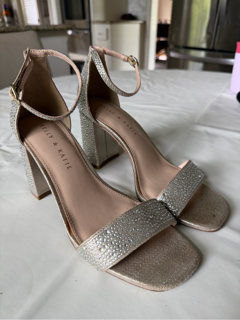 Kelly & Katie Champagne Crystal Block Heel Sandals